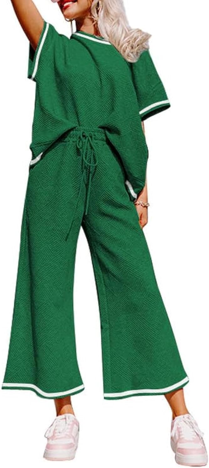 SHEWIN Women's 2 Piece Outfits Sweatsuit Casual Short Sleeve Pullover Tops and Drawstring Wide Leg Pants Lounge Sets