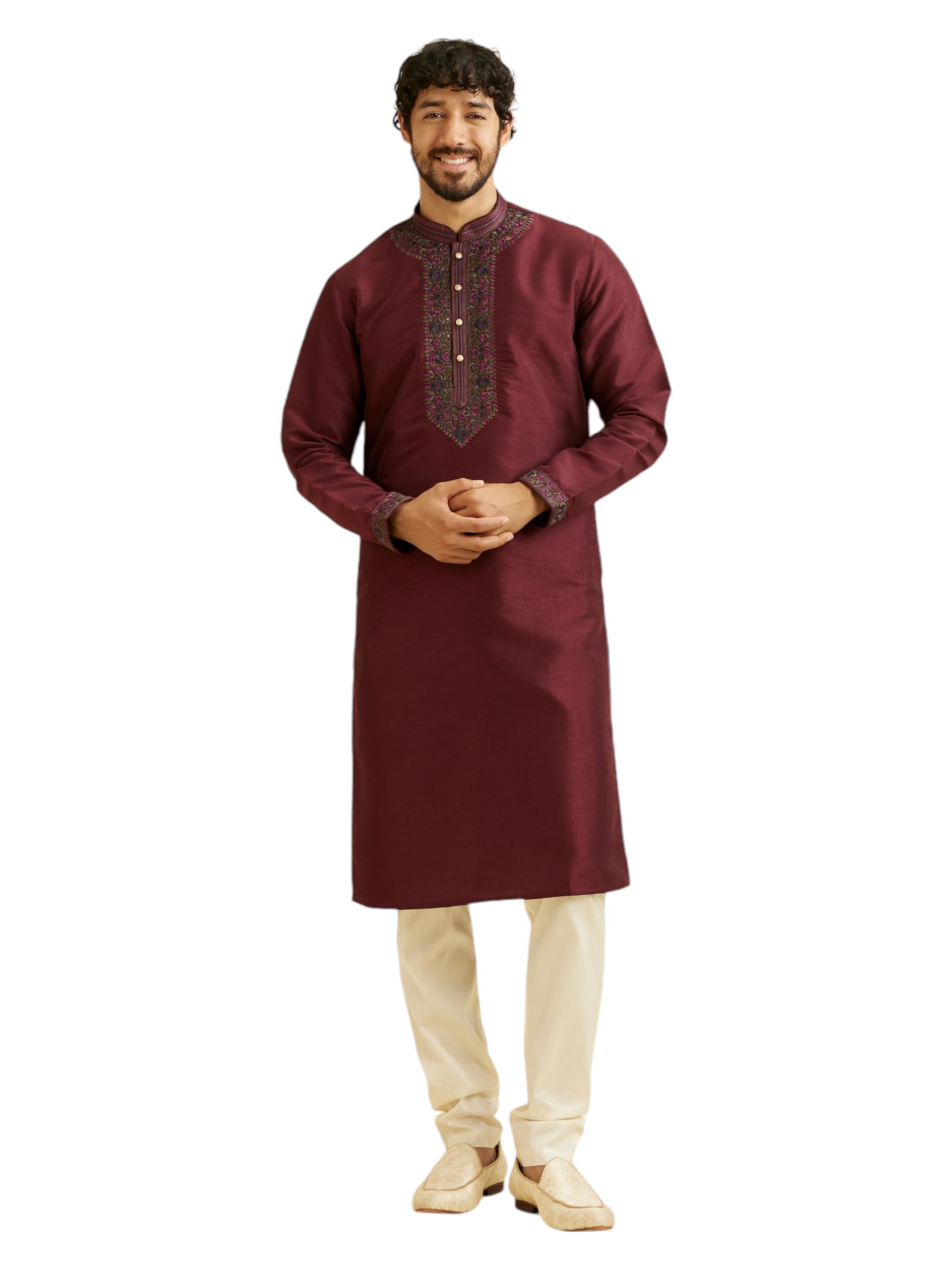 manyavar Men's Art Silk Thread Embroidery Kurta Churidar Set (2pcs)-picture-43