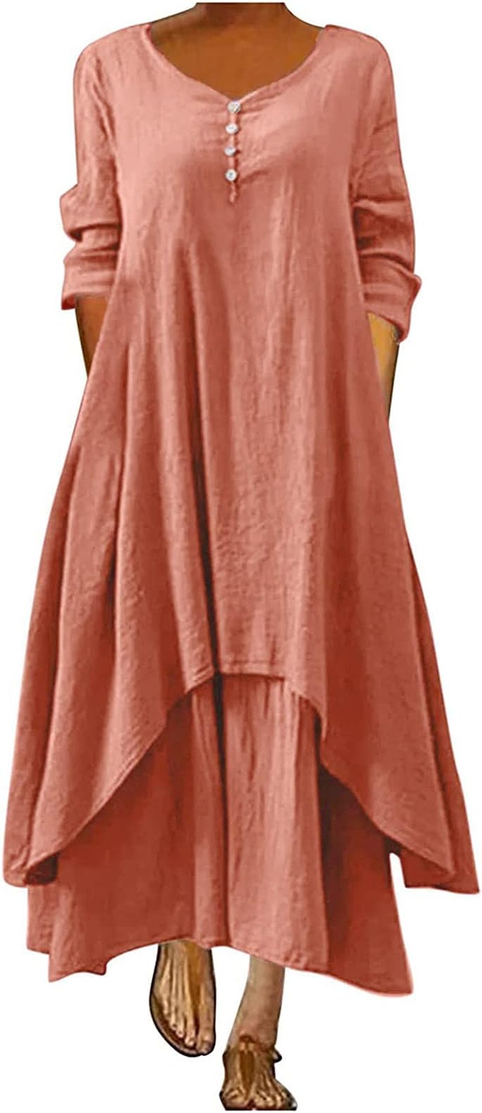 FunAloe Linen Dress for Women Beach, Casual Maxi Dresses for Women Trendy Loose Cotton and Linen Stripe V-Neck Summer Dress Buttons Irregular Hem Sundress D20943