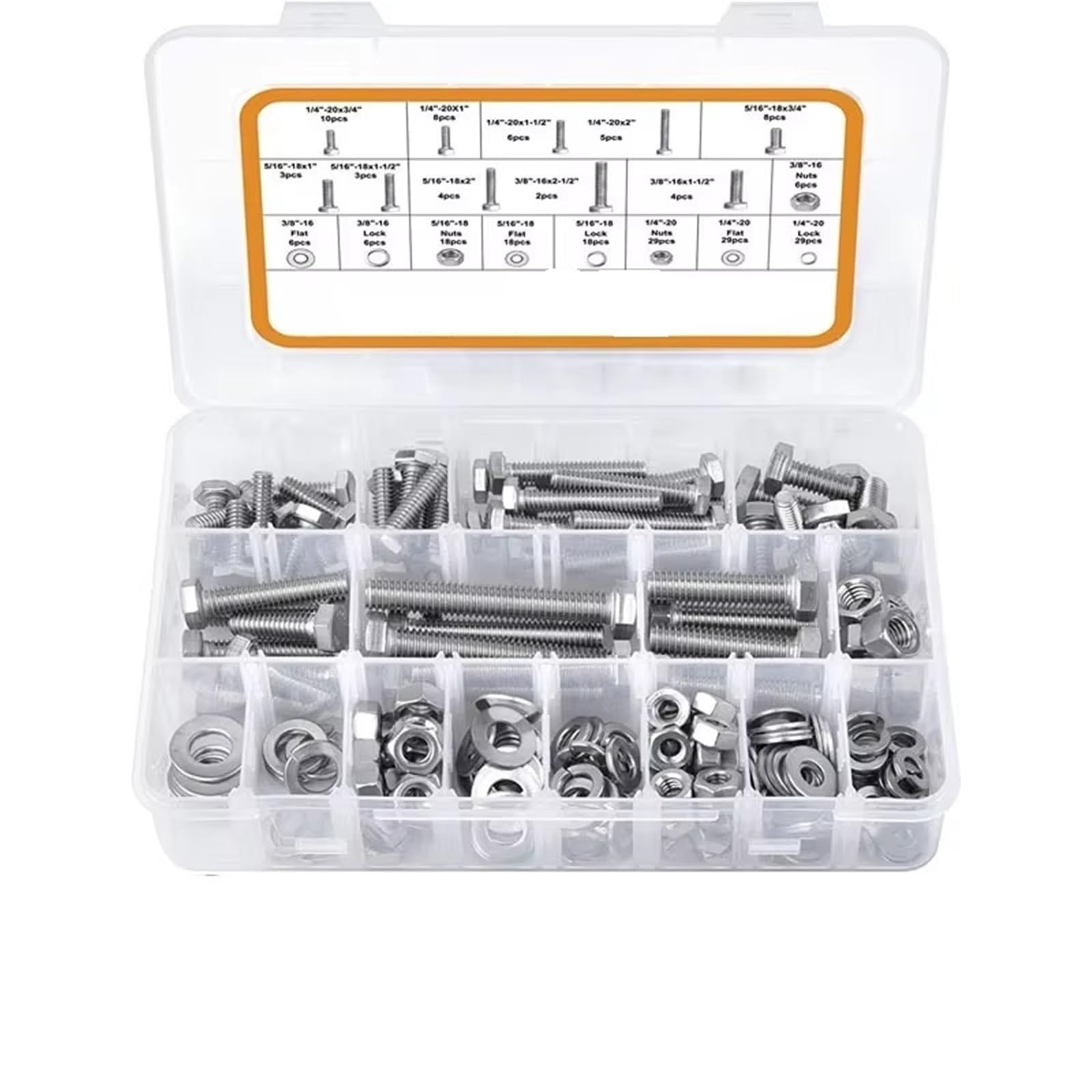 Motorrad Schrauben Bolzen Kompatibel Mit 212-teiligem Sortiment An Außensechskantschrauben Aus Edelstahl 1/4"20-3/8"16 Amerikanischem Sechskantschrauben- Und Muttern-Unterlegscheiben-Set