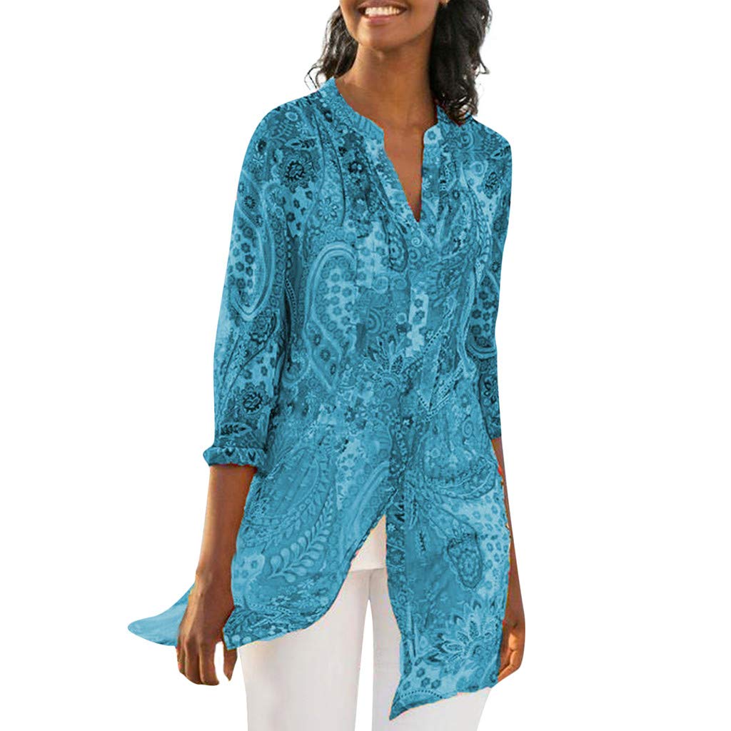 Lazzboy WomenT-Shirt Tops Plus Size Chiffon Ethnic Floral Flower Print Beach Style Vintage Daily Ladies Loose Blouse