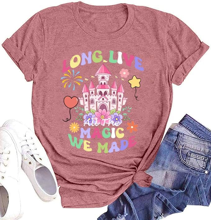 Magic Kingdom Shirts for Women Happiest Place On Earth Letter Print Tee Magical Castle Travel Tshirts Summer Vacation Top