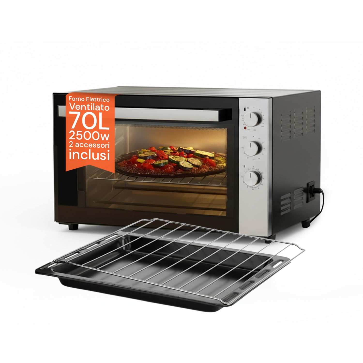 Avilia Forno Elettrico in Acciaio Inox Nero 2500W da 70L - Ideale per Cuocere e Riscaldare in Modo Salutare Arrosti, Pizze e Grandi Qantità di Cibo - Temperatura Fino a 320°C con Funzione Ventilata