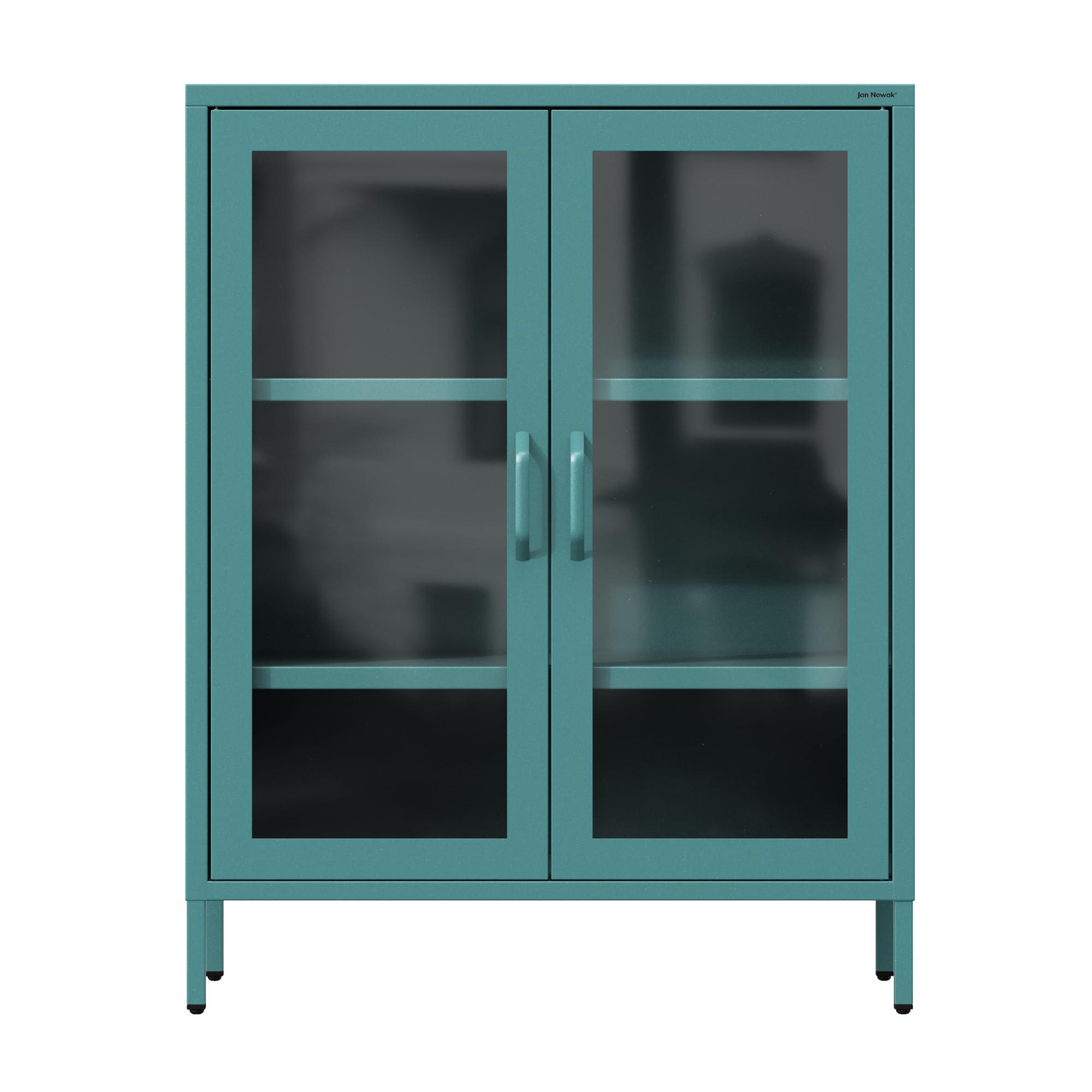 Jan Nowak 2-türiger Vitrinenschrank - GINA - 2 verstellbare Ablagen, Gehärtetes Glas, Wandmontage - Glasvitrine Stehend, Vitrine Glas, Wohmzimmerschrank Glitzernd - 80 x 101,5 x 40 cm - Marine