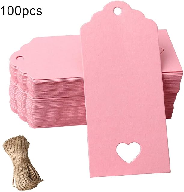 nuoshen 100 Pieces Gift Tags, Kraft Paper Tags Rectangle Craft Hang Tags DIY Price Tags Parcel Tags for Valentine's Day Wedding with 20m String