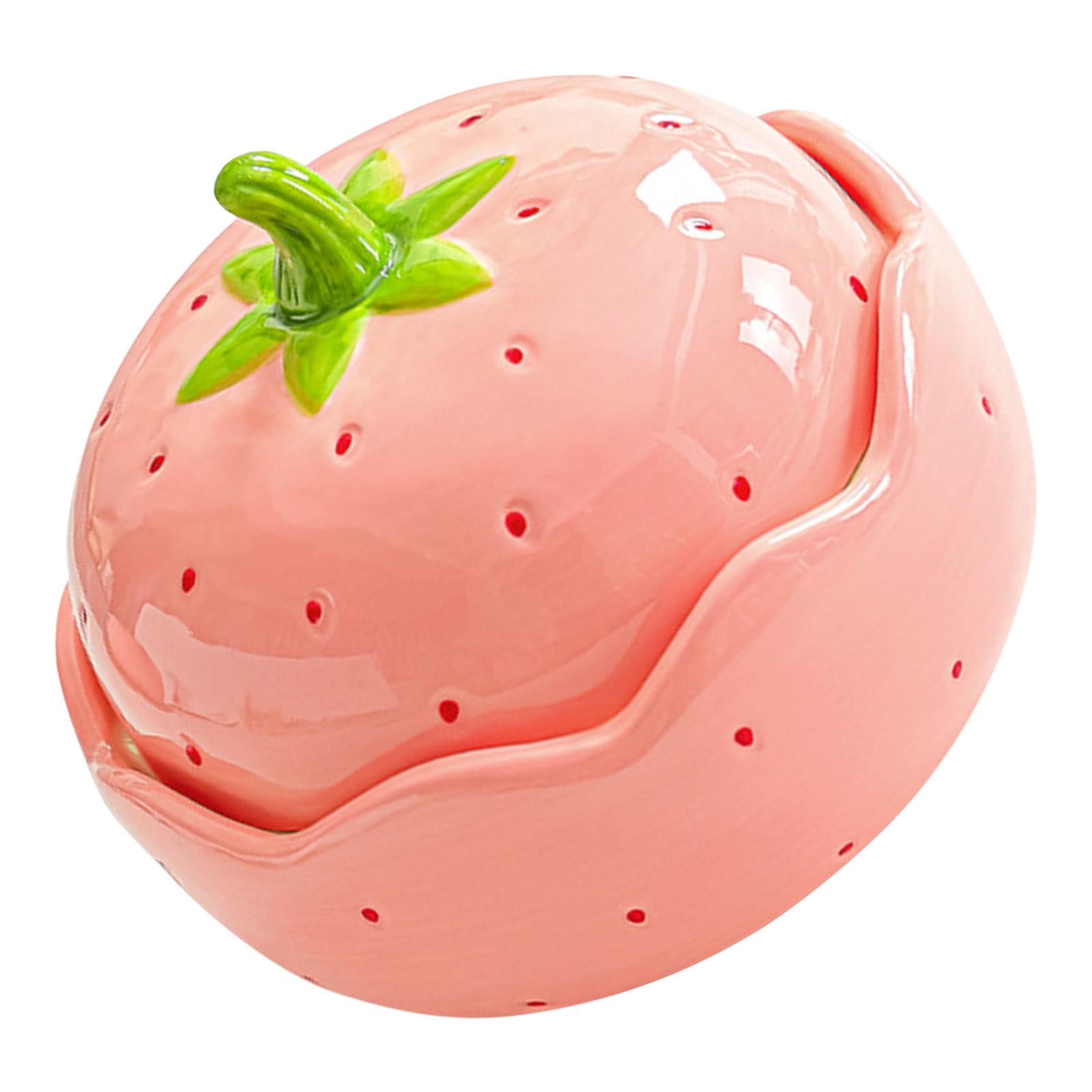 Veemoon Tazón de Ramen de Cerámica Rosa con Tapa, Diseño de Fresa Encantador, Capacidad 600ml, Apto para Microondas, Adecuado para Sopa y Fideos en Casa o Trabajo