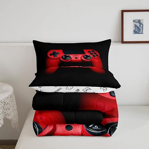 Miniatura 5 de Feelyou Juego de ropa de cama con estampado de videojuegos negro y rojo para adolescentes y niños, juego de edredón con control de videojuegos, 1