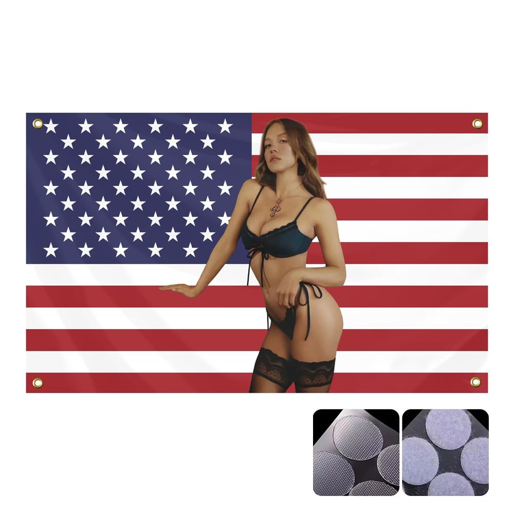 NIPICONSydney Flag 3x5FT Se-xy Sweeney Flag Funny American Actor With Sticky Stickers Tapestry for College Dormitory Cave Bedroom Living Room Bedroom Background Wall Decor (A)