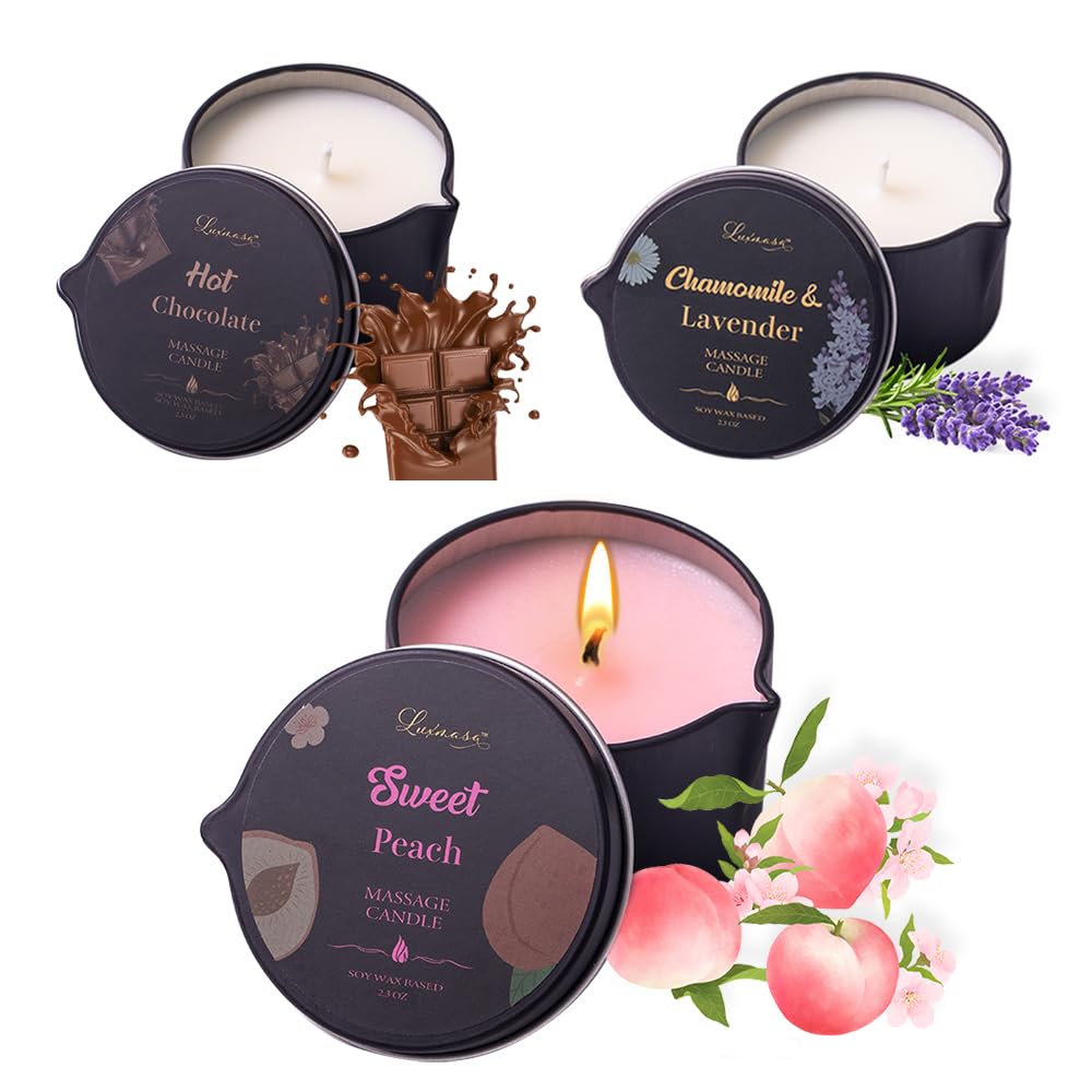 3 Pack Soybean Wax Scented Massage Oil Candle for Skin Moisturizing- Low Temp Body SPA Candle-Gift Candle Set-6.9OZ (Sweet Peach, Hot Chocolate, Lavender Chamomile)