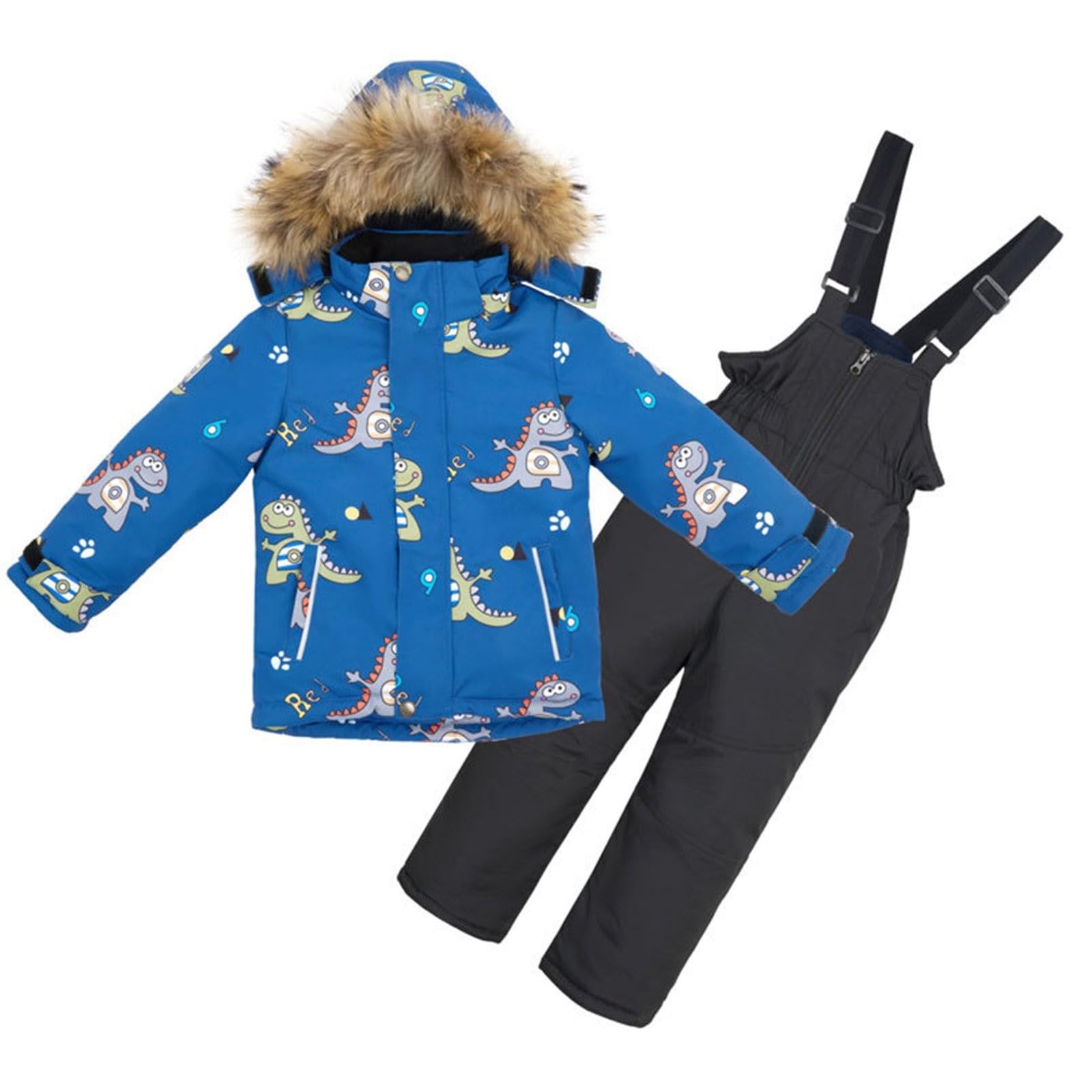 Generisch Kinder Winter Skianzug-Set, Winddicht Schneeanzug mit Kapuze, Dinosaurier Muster, Türkis-Grau, Fleece Gefüttert, Reflektierenden Streifen, für 3-10 Jahre, Winter Outdoor Sportbekleidung