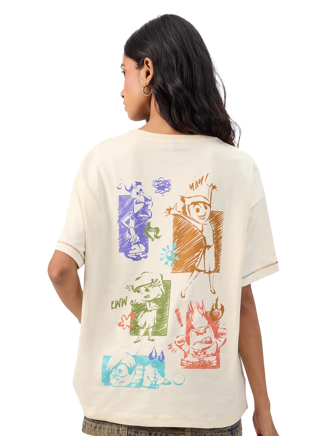 The Souled Store Camiseta oficial Inside Out: Mixed Emotions para mujer y niña, manga corta, cuello redondo, blanco off-blanco, gráfico, estampado, algodón, camiseta de gran tamaño