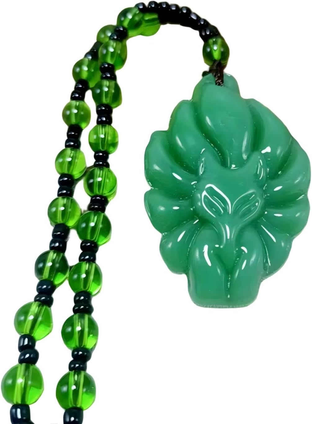 Women's Glass Nine-Tail Fox Pendant Necklace, Green and Clear Crystal Kitsune Amulet Gift in Velvet Box