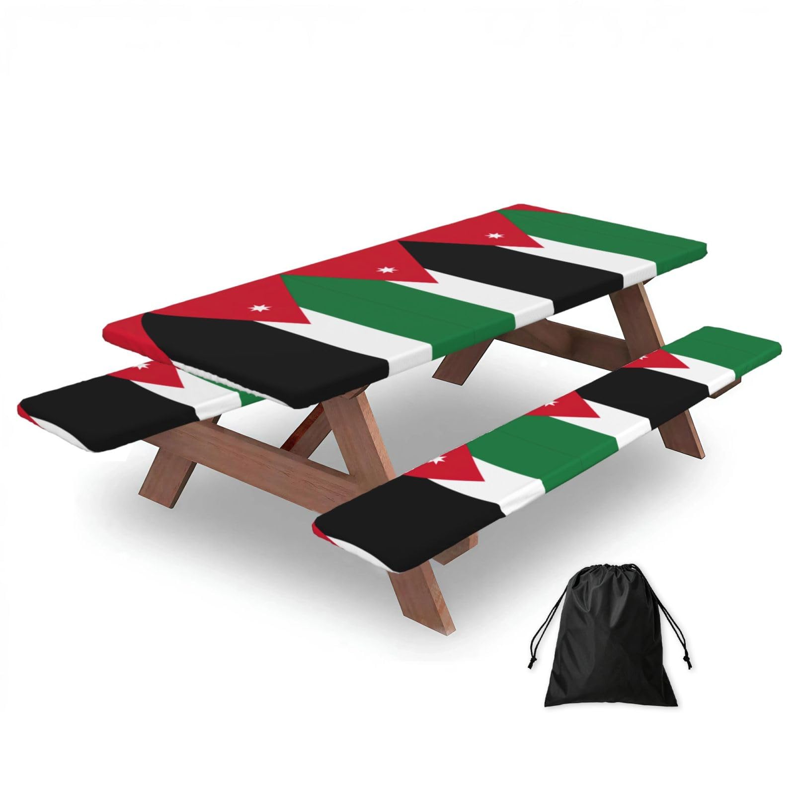 Zyjhyy Black Jordanian Flag Print Party Table Covers With Bench Covers Set Of 3 Picnic Table Cloth Wipe Clean For Garden Camping