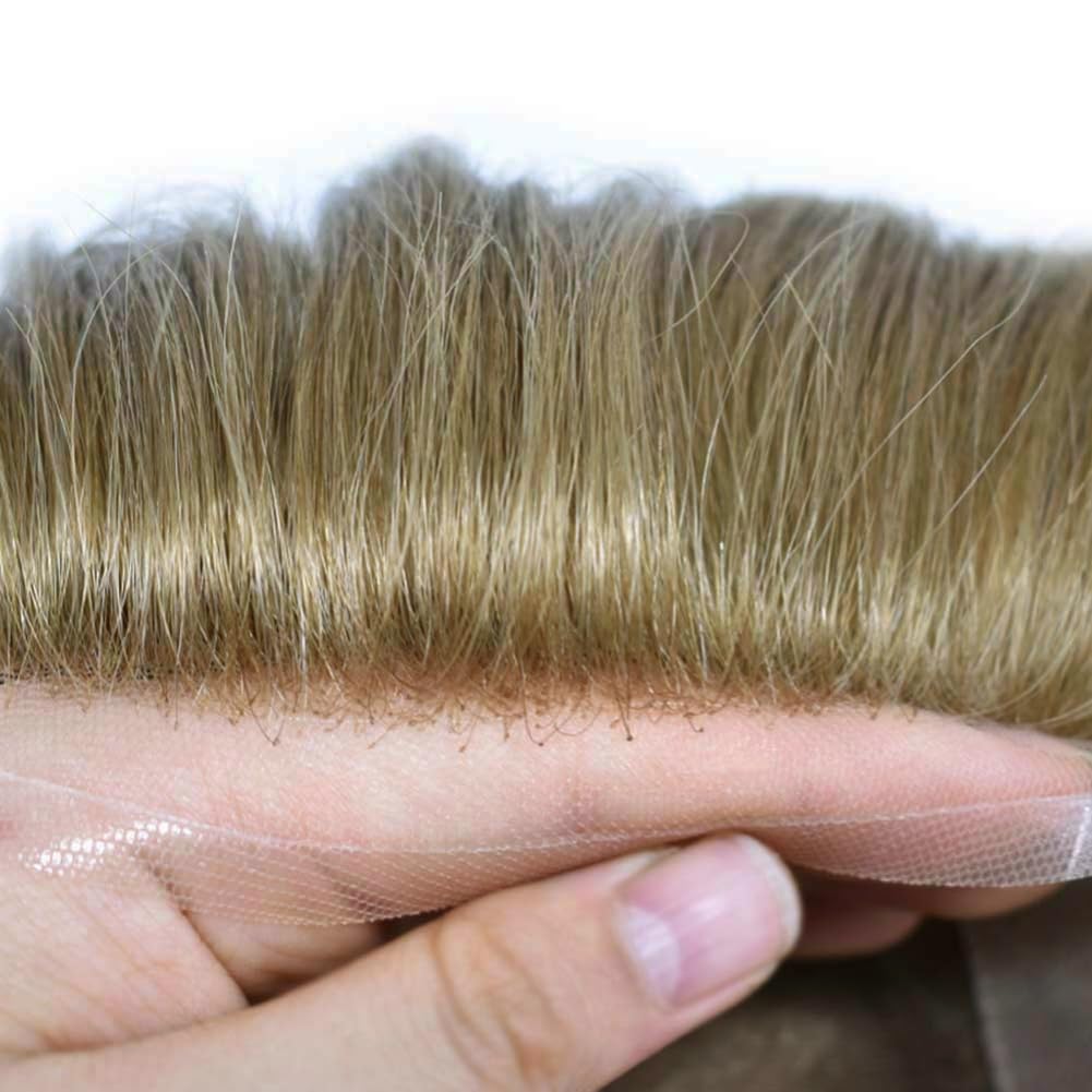 FACE MIRACLE Swiss Lace Front Human Hair Toupee for Men NPU Poly Coated Breathable Invisible Hairline Hand-Tied Real Hair Replacement System Mens Hairpiece 6X9 120% #7 Very Light Brown