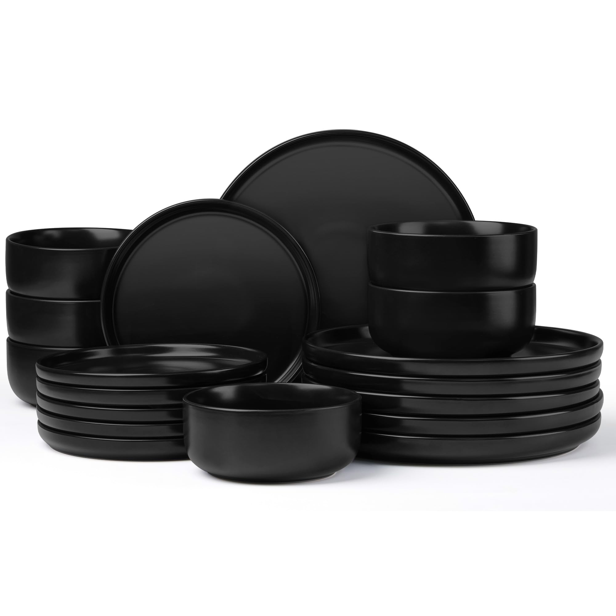 Joyfair - Vajilla para 6 personas, 18 piezas, de gres, esmaltado reactivo con platos planos, platos de postre, cuencos para cereales, apto para microondas y lavavajillas, negro Abyssal