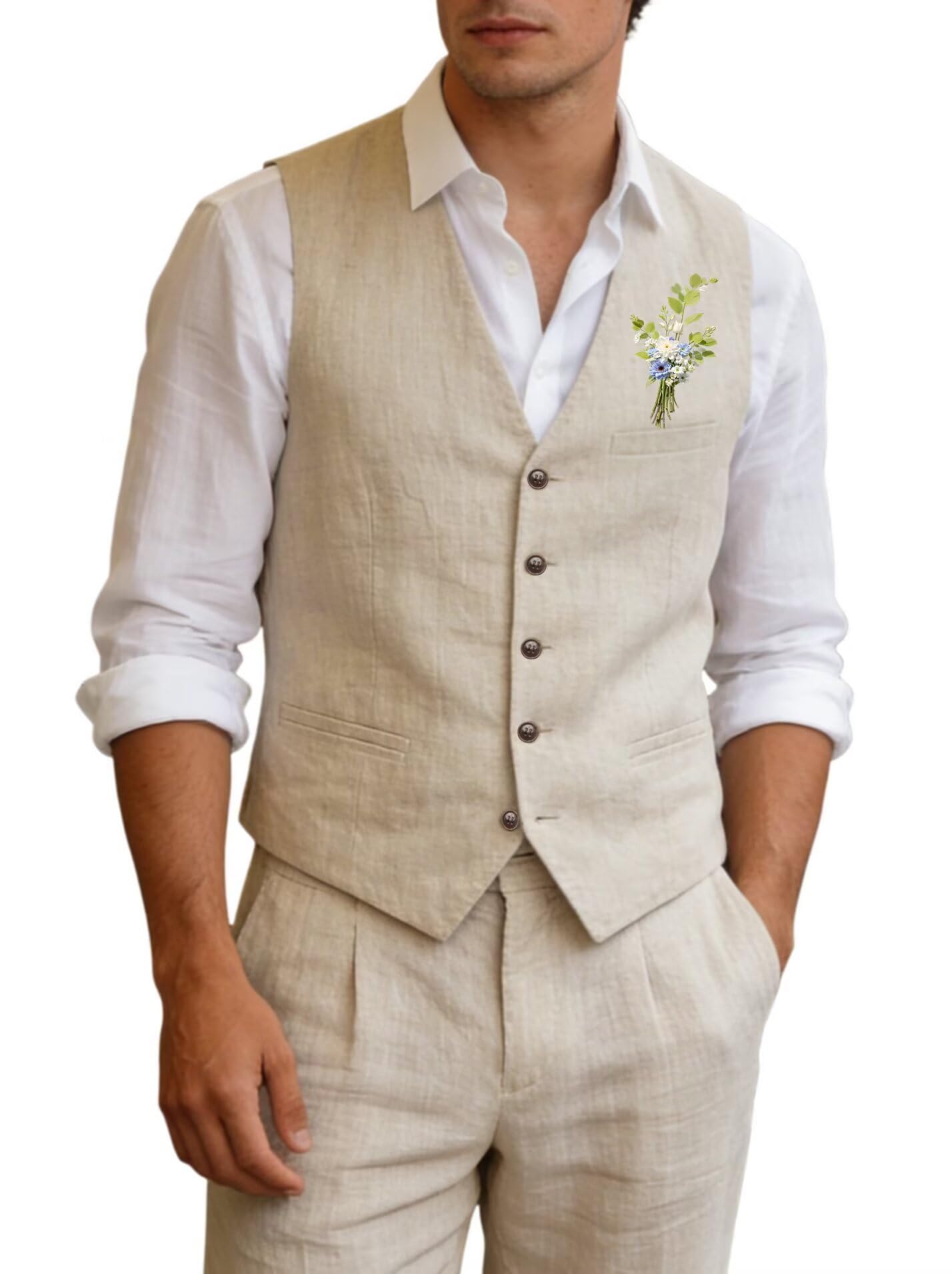 Herrenanzug aus Leinen, 2-teilig, schmale Passform, für Abschlussball, Strand, Hochzeit, Bräutigam, Weste, Hose, Set, lässig, Sommer, Leinen-Outfit