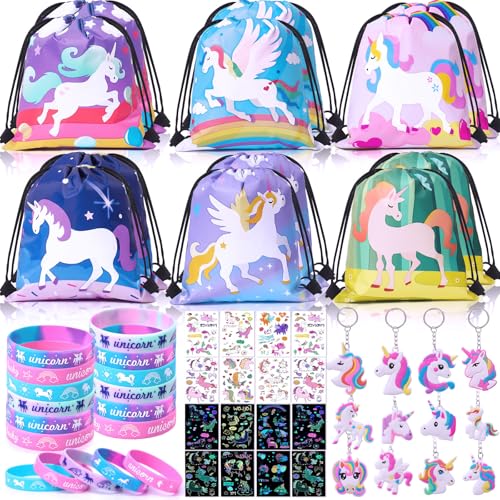 Winrayk 12 Sets Unicorn Party Favors Birthday Supplies for Girls, Drawstring Bag Glow Tattoo Sticker Silicone Bracelet Keychain, Goodie Bag Stuffer Filler Kids Rainbow Unicorn Party Supplies Decor