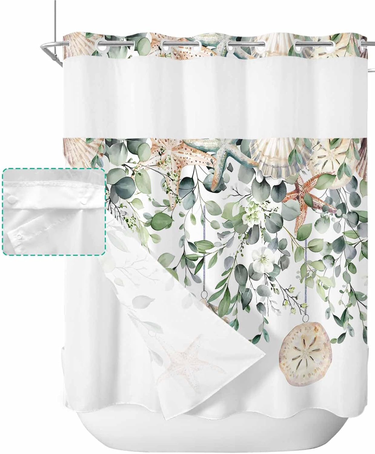 Double Fabric Shower Curtain with Liner Eucalyptus Leaf No Hook Shower Curtain and Liner Set for Bathroom,Snap-in Waterproof Inner Shower Curtain with See Through Window, 72x78, Summer Plant Green