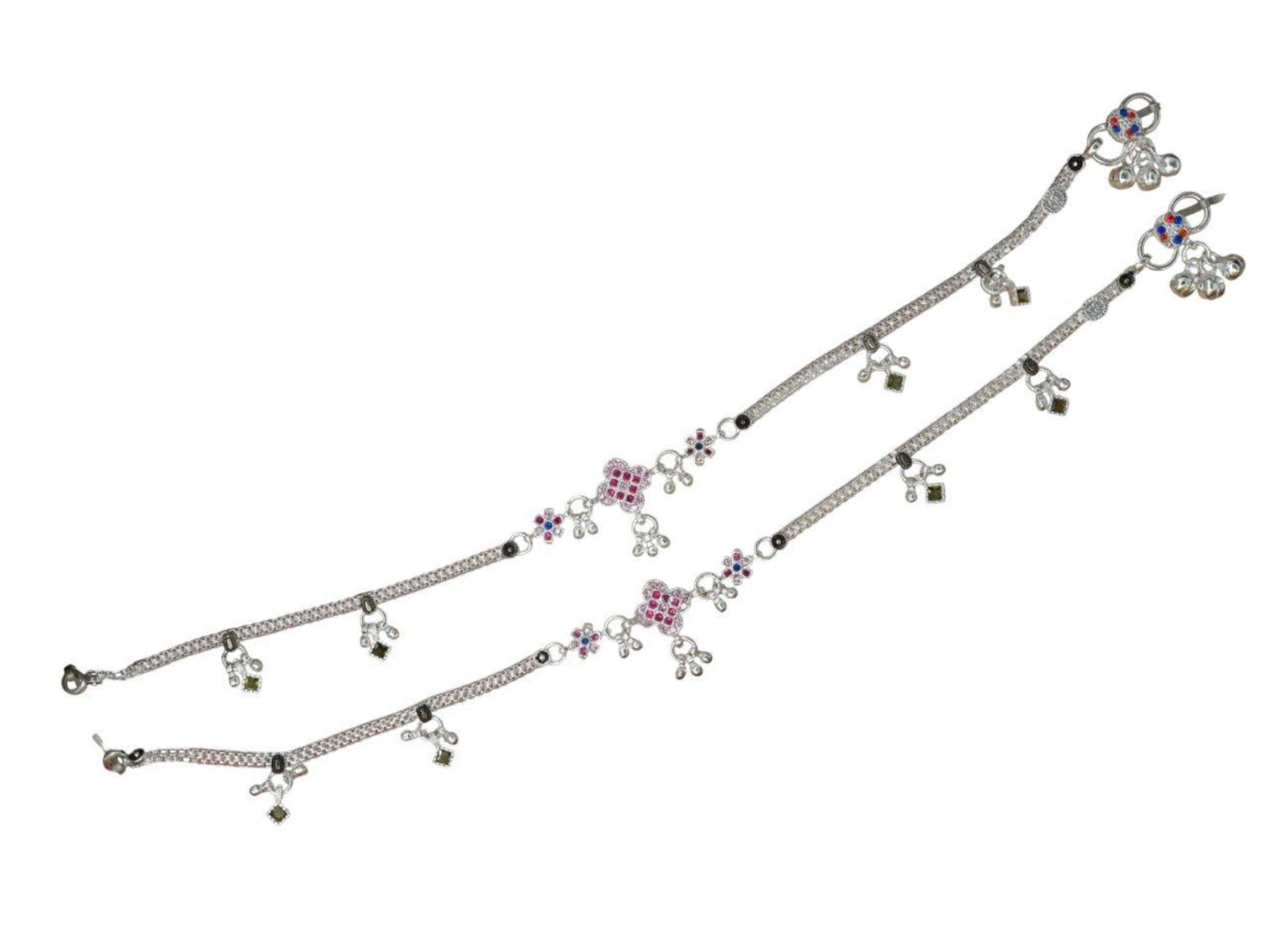 Womens Multi-Motif Anklets Featuring Circular Orange and Blue Stone Patterns with Pink Floral Designs Diamond Shaped Mehendi Colored Stones and Hanging Bells Fashion Jewellery-image-17