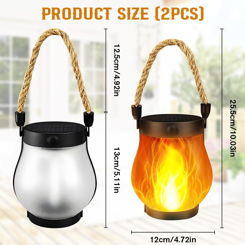2 Pezzi Lanterna Solare a Fiamma, Lanterne Solari da Esterno Fiamma, Ricarica Solare 2 in 1 e USB Ricaricabile, 1500 mAh, IP65, Lanterne Solari Effetto Fiamma per Giardino, Cortile e Campeggio