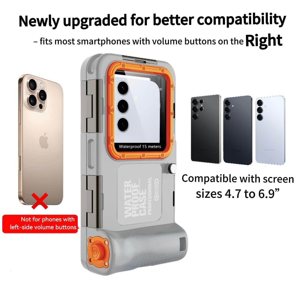 ZLIME Custodia subacquea impermeabile fino a 15 m per smartphone da 6,9", foto e video HD, con treppiede e tracolla, compatibile con Samsung, Huawei, Pixel, Xperia, vivo (grigio arancione)