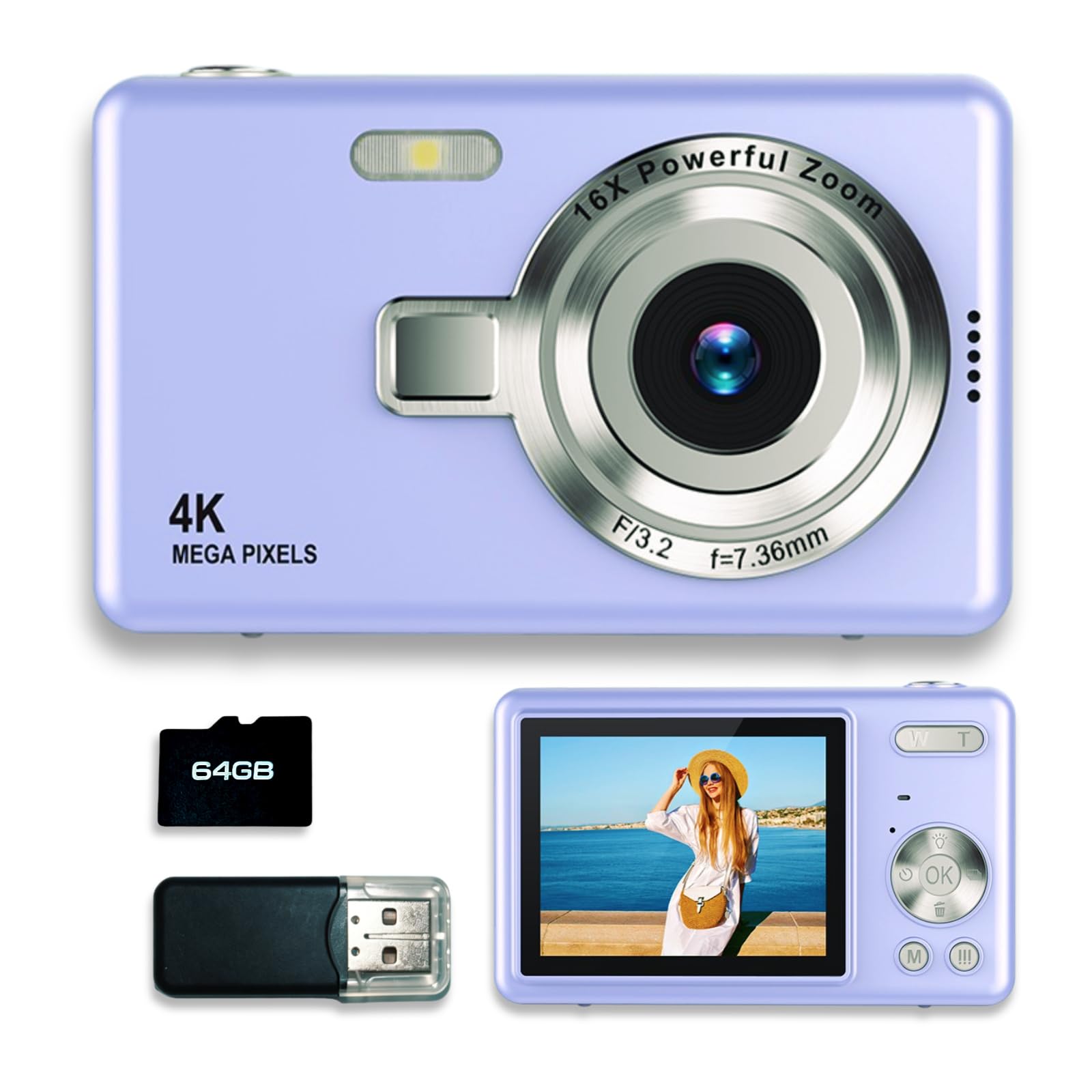 Fotocamera Digitale 4K 50MP, Macchina Fotografica Compatte per Ragazzi, Zoom 16X, Schermo LCD da 2,4", Scheda 64G, Batteria Integrata, Ideale per Bambini, Adolescenti, Principianti, Lilla
