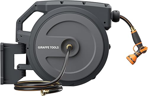 Giraffe Tools Carrete de manguera de pared resistente, manguera retráctil de 5/8 pulgadas x 90 pies con rebobinado automático, giro de 180°, bloqueo