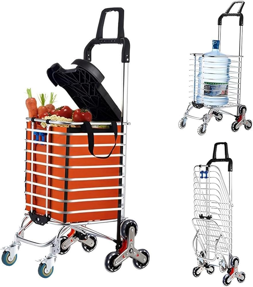 RKUVPAE 8-Wheel Stair Climbing Push Trolly, 360° Rotating Heightened Handle Foldable Shopping Trolley with Cover Plate, 51KG Load Capacity, Multipurpose Dolly for Warehouse Shopping(Color:Orange)