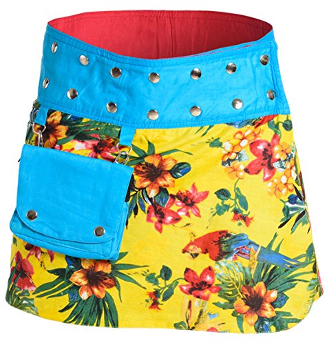 ufash Mini Falda Cruzada para Las Mujeres, de la India - con 18 Botones de presión - Reversible con 2 diseños Diferentes y un Bolsillo adosado - Ropa de Fiesta Goa, Estampado 18