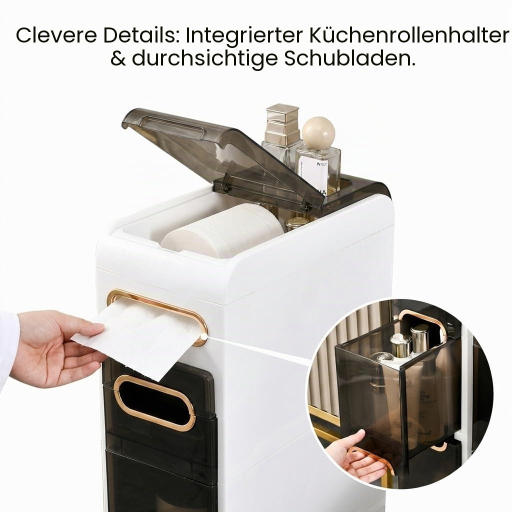 4-Stöckiger Schmales Regal Badezimmer,Schmaler Badezimmerschrank mit Rollen und Schubladen für Enge Räume, Bad, Küche, Waschküche, 15 * 36 * 78,5 cm