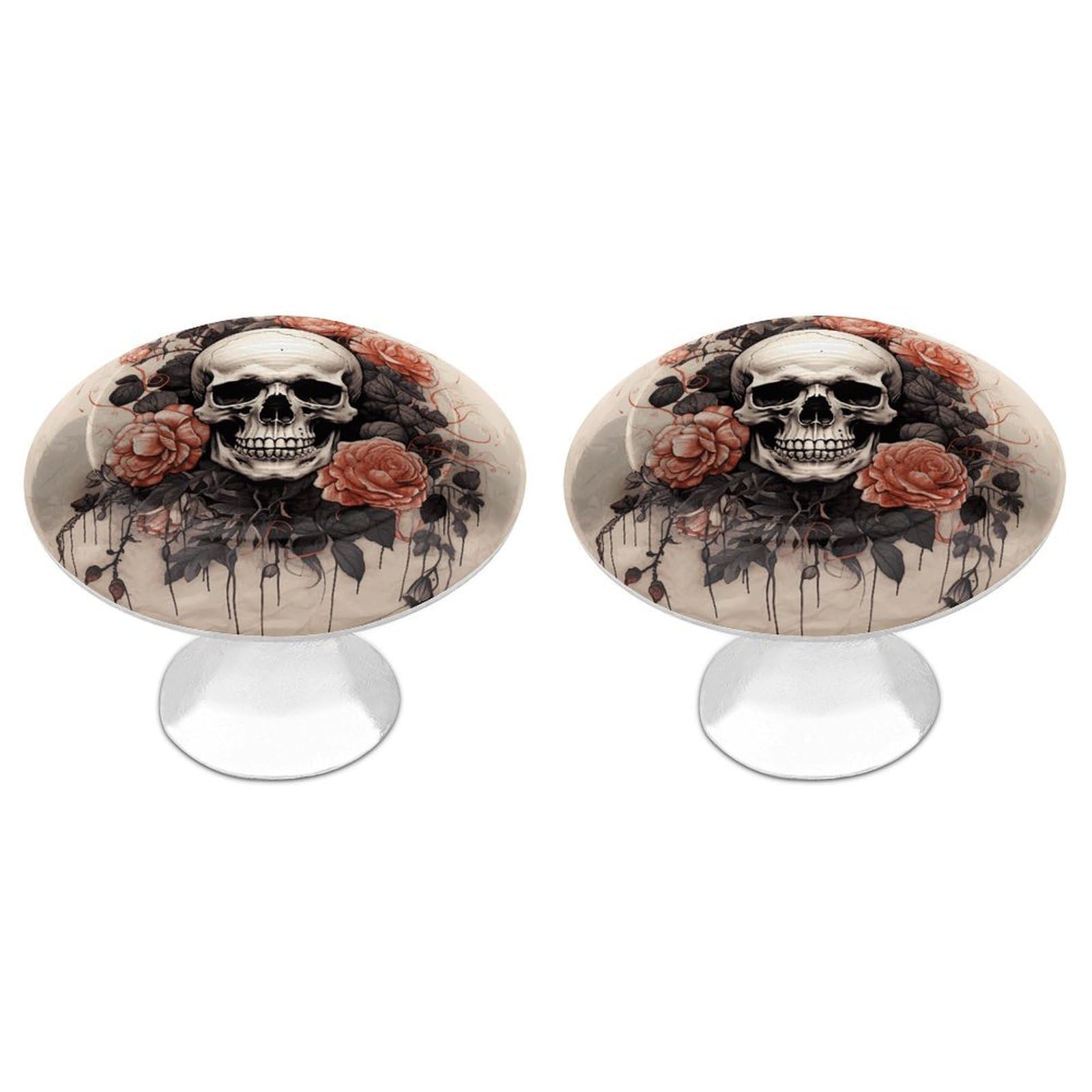 DWVTSLH Ancient Skull and Flowers Cabinet Handles 2 Pack Stainless Steel Kitchen Drawer Pulls with Installation Screws Round Dresser Drawer Knobs 1.1 Inch Modern Cabinet Hardware Door Handles