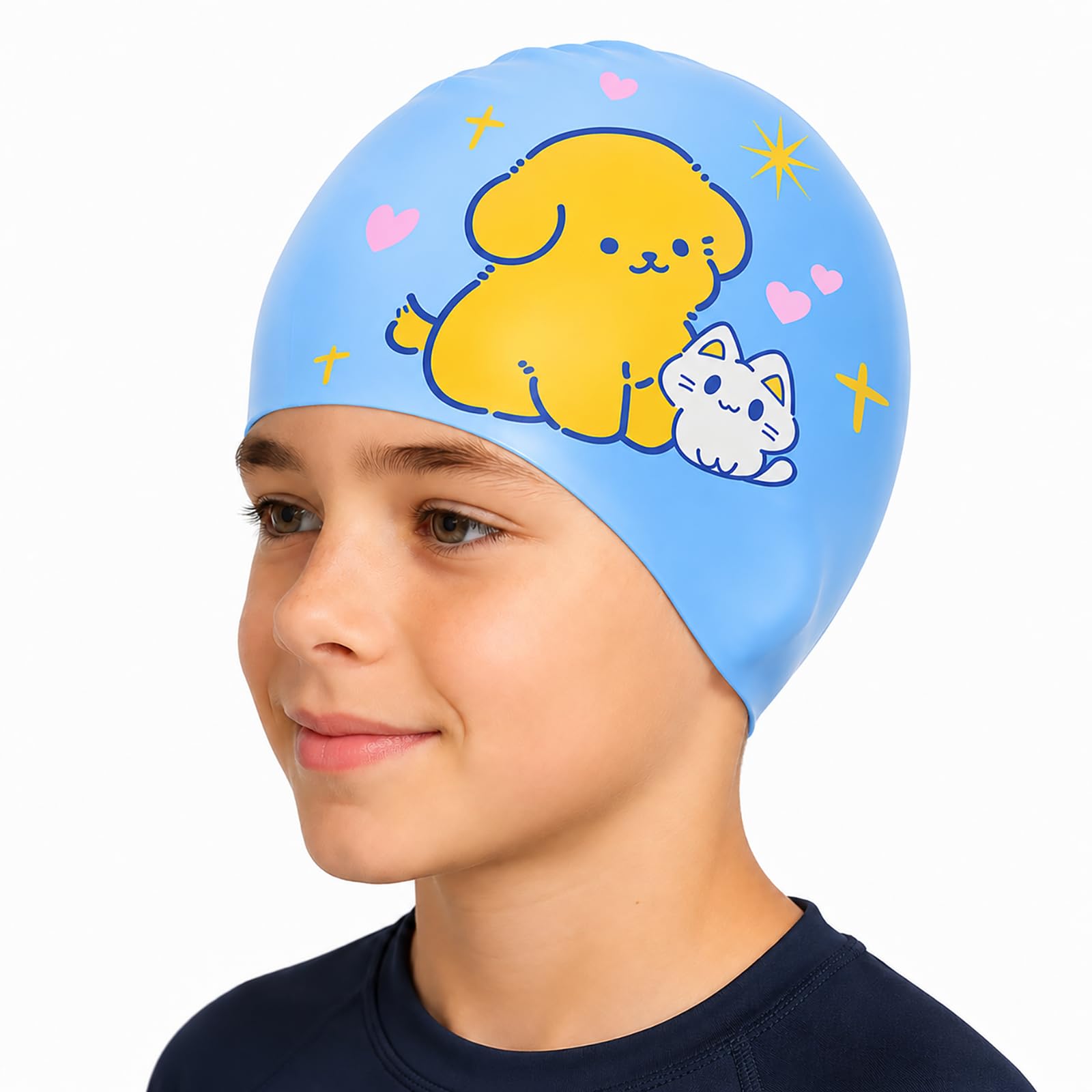 Silicone Swimming Cap, Light Blue, Ages 4–12, Cartoon Animal Print, 1-Pack | Extended Shape For Longer Hair, Helps Contain Loose Strands, For Swimming Lessons, Indoor Pools And Beach Use