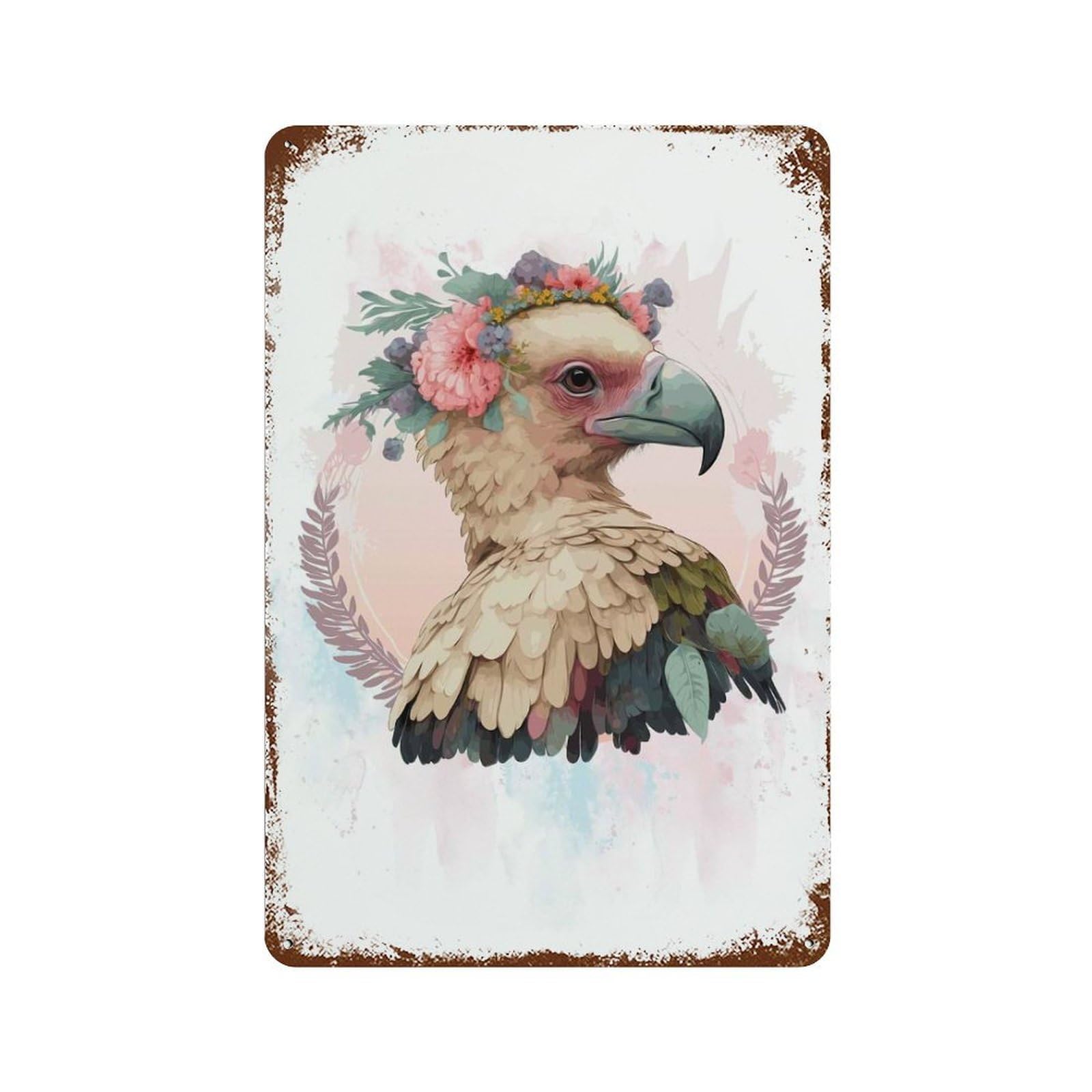 Floral Watercolor Vulture Rust Effect Tin Sign 11.8"x7.9", Vintage Wall Decor for Pub, Kitchen And Man Cave Decor