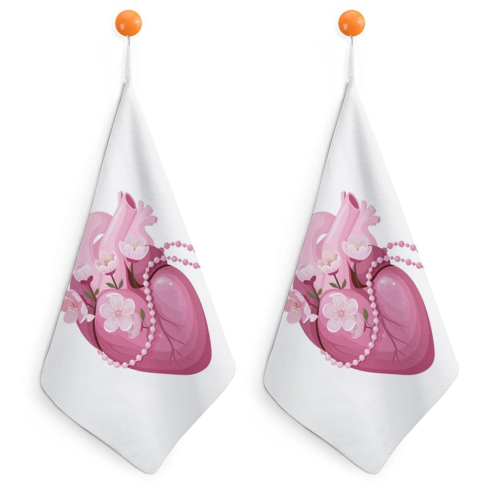 Jubonexis Pink Anatomical Heart with Flowers Small Hand Towel with Hanging Loop 2 PCS Absorbent Soft Wash Cloth for Kitchen Bathroom