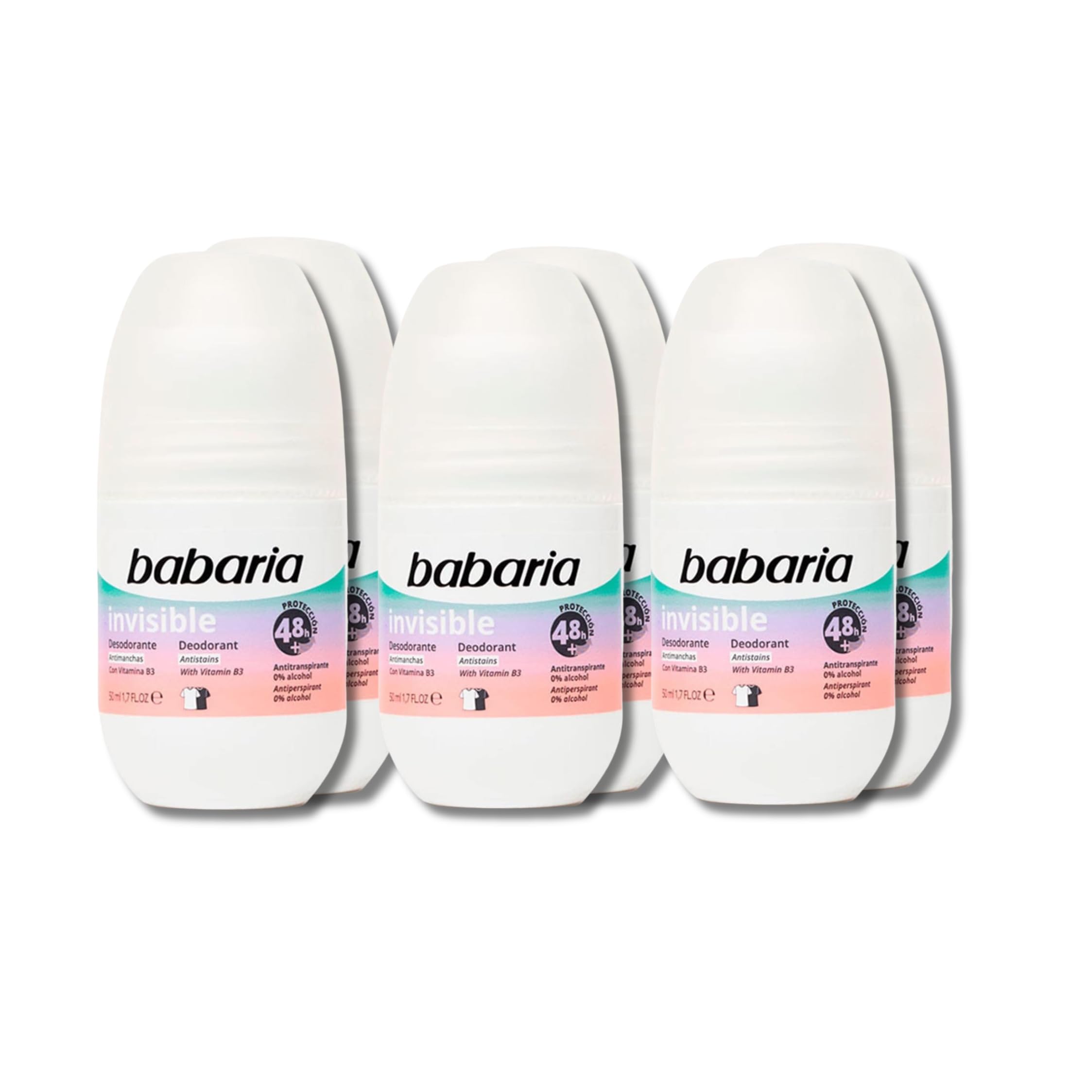 Babaria - Déodorant Femme et Homme Invisible Pack 6| Sans alcool | Protège de la Transpiration 24h|Antitranspirant |Évite les Taches sur les Vêtements| Végétalien| 200ml