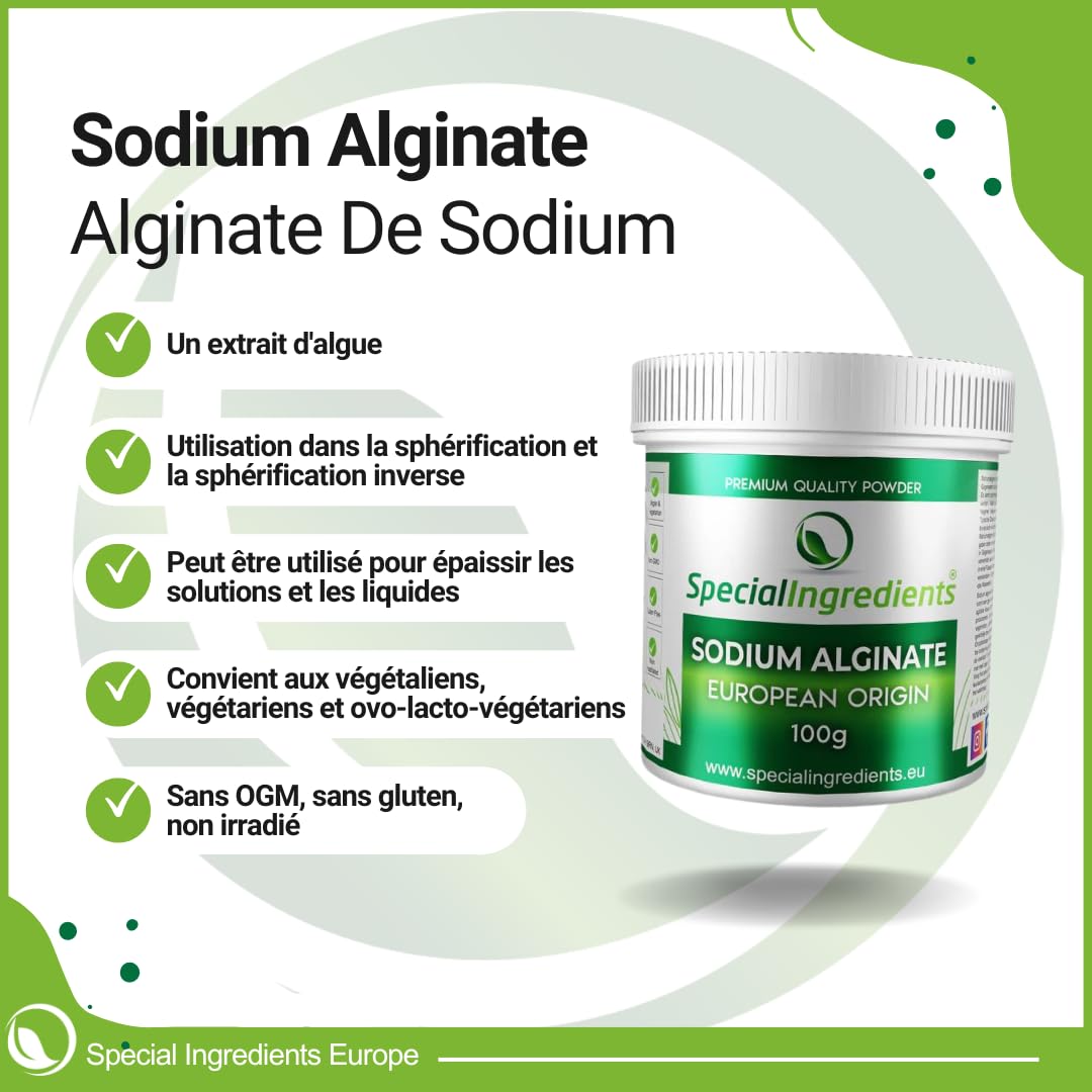 Special Ingredients Alginate De Sodium 250 gr Poudre, Qualité Supérieure, Extrait d'Algue, Épaississant, Émulsifiant et Améliorateur de Texture - 250 gramme
