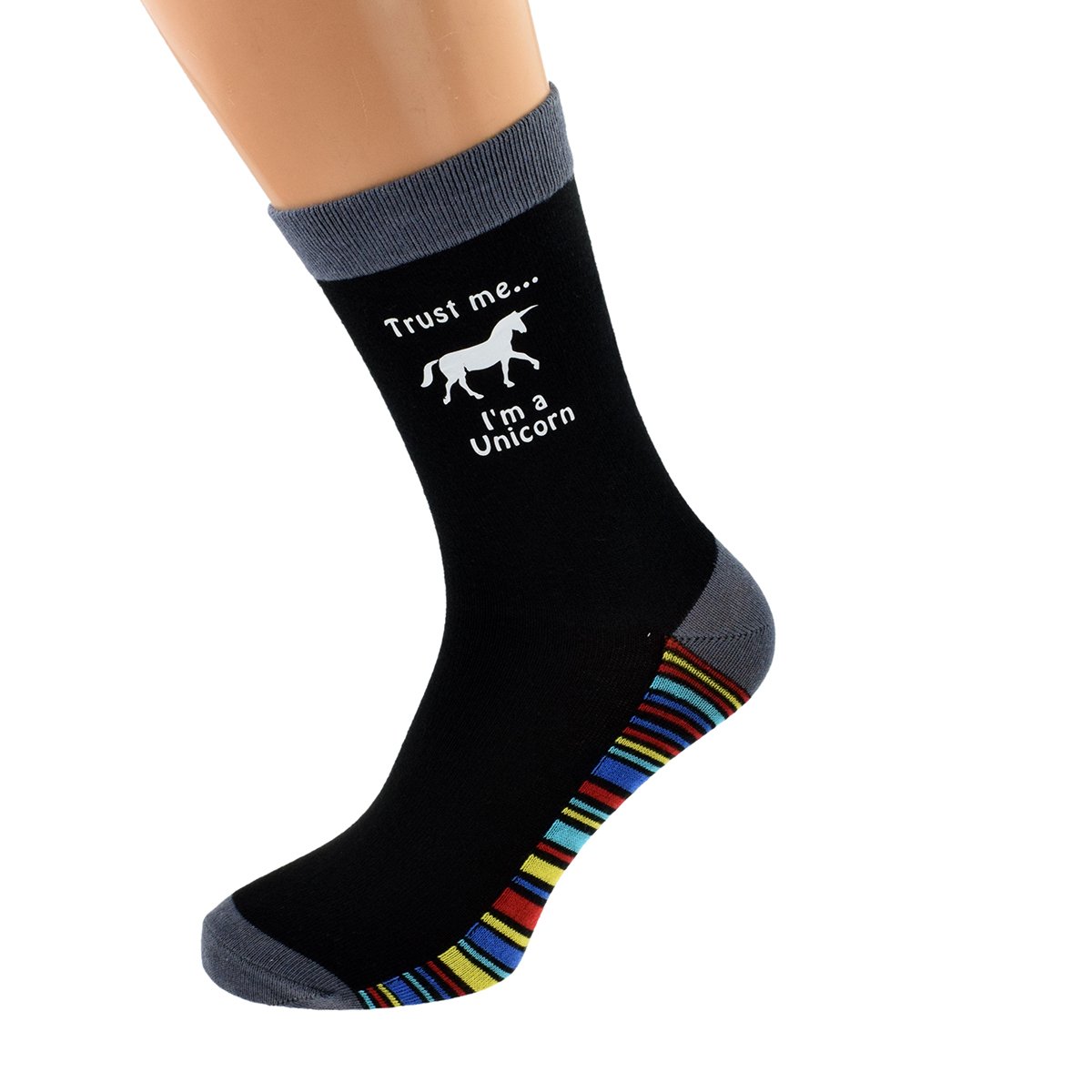 Gtr-Prestige Giftware Unisex Black Trust Me I'm A Unicorn Vinyl Print Stripey Sole Socks Adult Size Uk 5-12 - X6s223-011