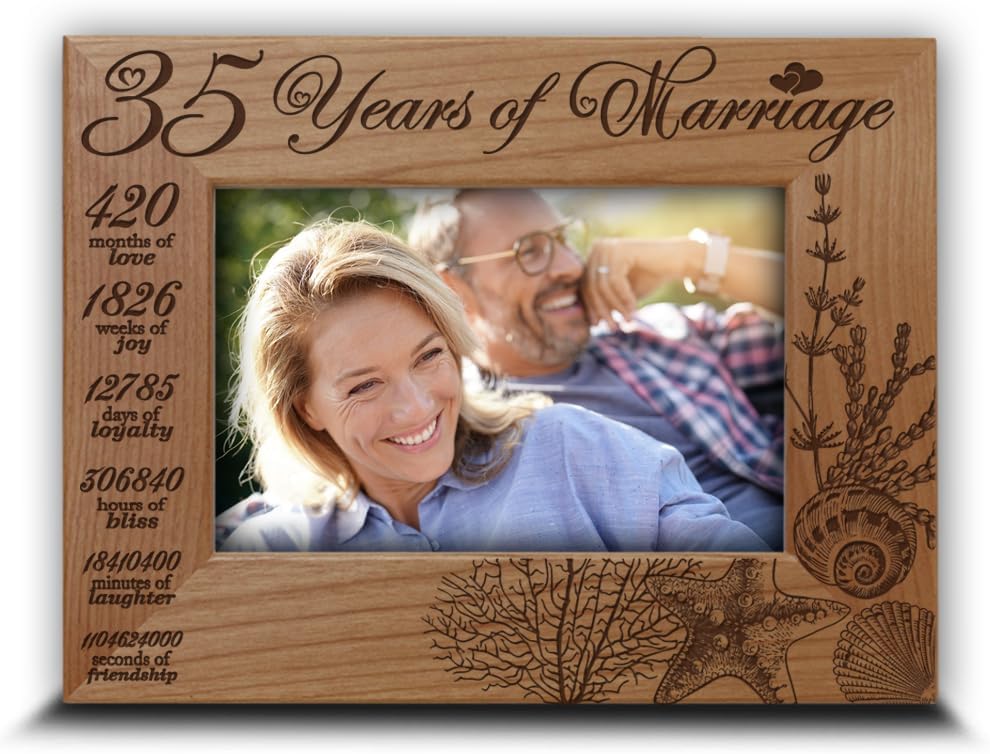 BELLA BUSTA- 35 Years of Marriage- Traditional Coral symbolizes for 35th Wedding Anniversary for Wife, Husband, Couple, Parents-Engarved Wood Picture Frame (5 x 7 Horizontal)
