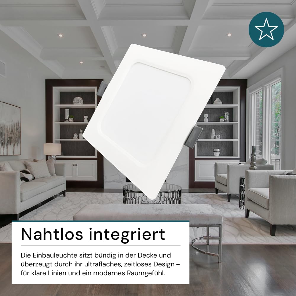 LUXULA LED Einbauleuchte eckig Weiß, 6 Stück 220x26mm, 18W 1800lm, IP44 Einbaustrahler flach CCT 2700K 4000K 6000K einstellbar, LED Deckenstrahler Einbauleuchte 230V Bad, Küche & Innenräume