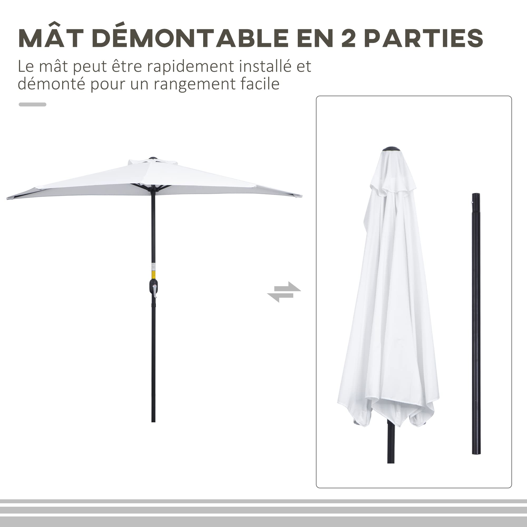 Outsunny Demi-Parasol Ø 2,6 m, parasol de balcon 5 entretoises acier polyester crème