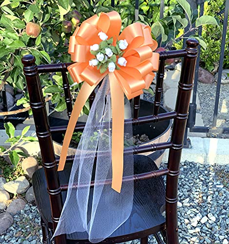 Peach Pull Bows With Tulle Tails And Rosebuds - 8" Wide, Set Of 6, Wedding Pew Bows, Easter, Reception, Aisle Decoration, Anniversary, School Dance, Birthday, Fundraiser, Party #TOP2