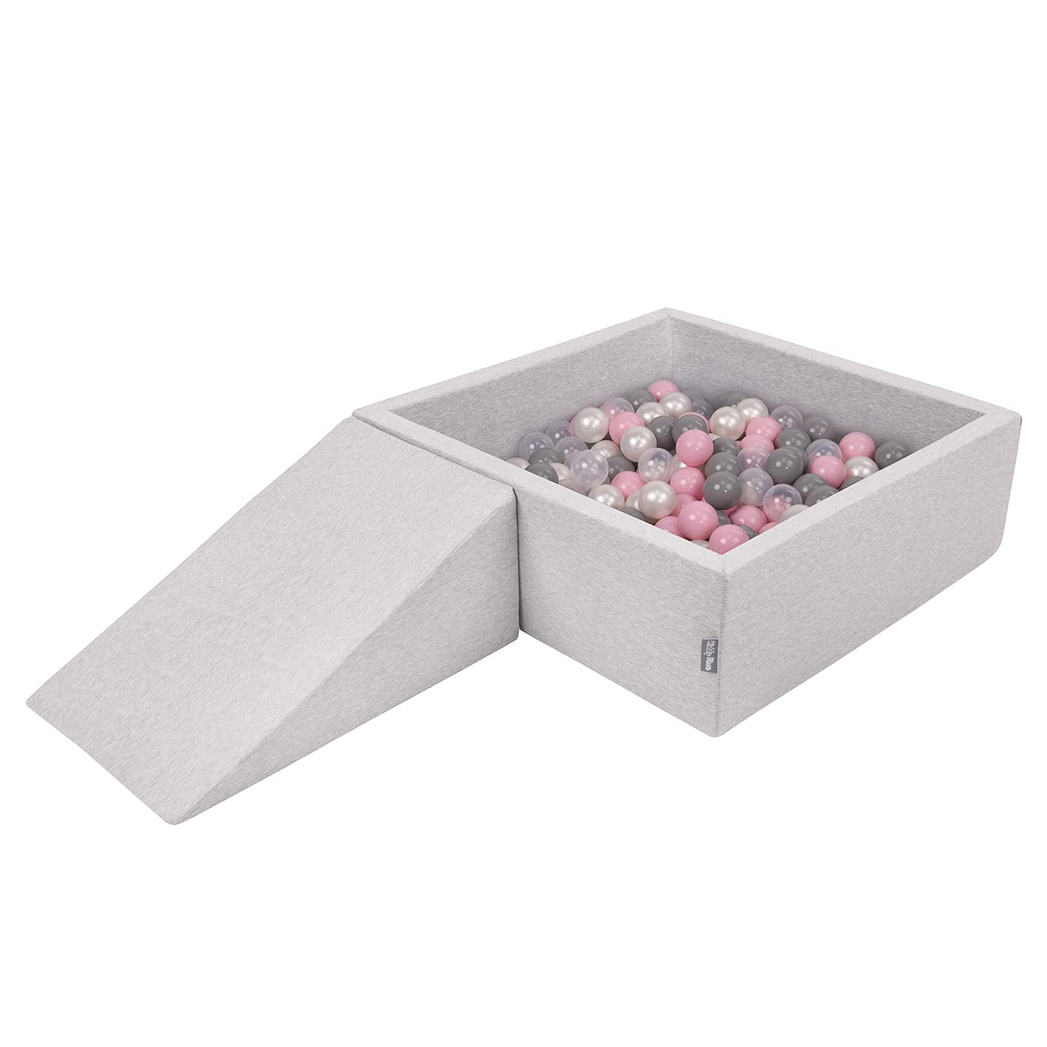 KiddyMoon Foam Playground For Kids With Square Ballpit (200 Balls ∅ 7Cm/2.75In) Soft Obstacles Course And Ball Pool, Made In The EU, Lightgrey:Pearl/Grey/Transparent/Powderpink