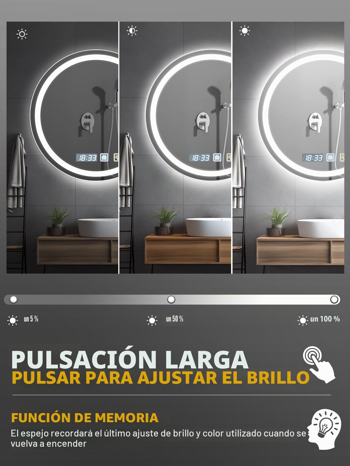 Bellanny Espejo Baño con Luz, 60cm Espejo Grande de Pared, 3000K/4500K/6500K Espejo-Baño-Antivaho, Espejos de Tocador | Regulable,Memoria,Reloj,Vidrio Templado HD,IP44 LED Espejos Retroiluminado Ronda