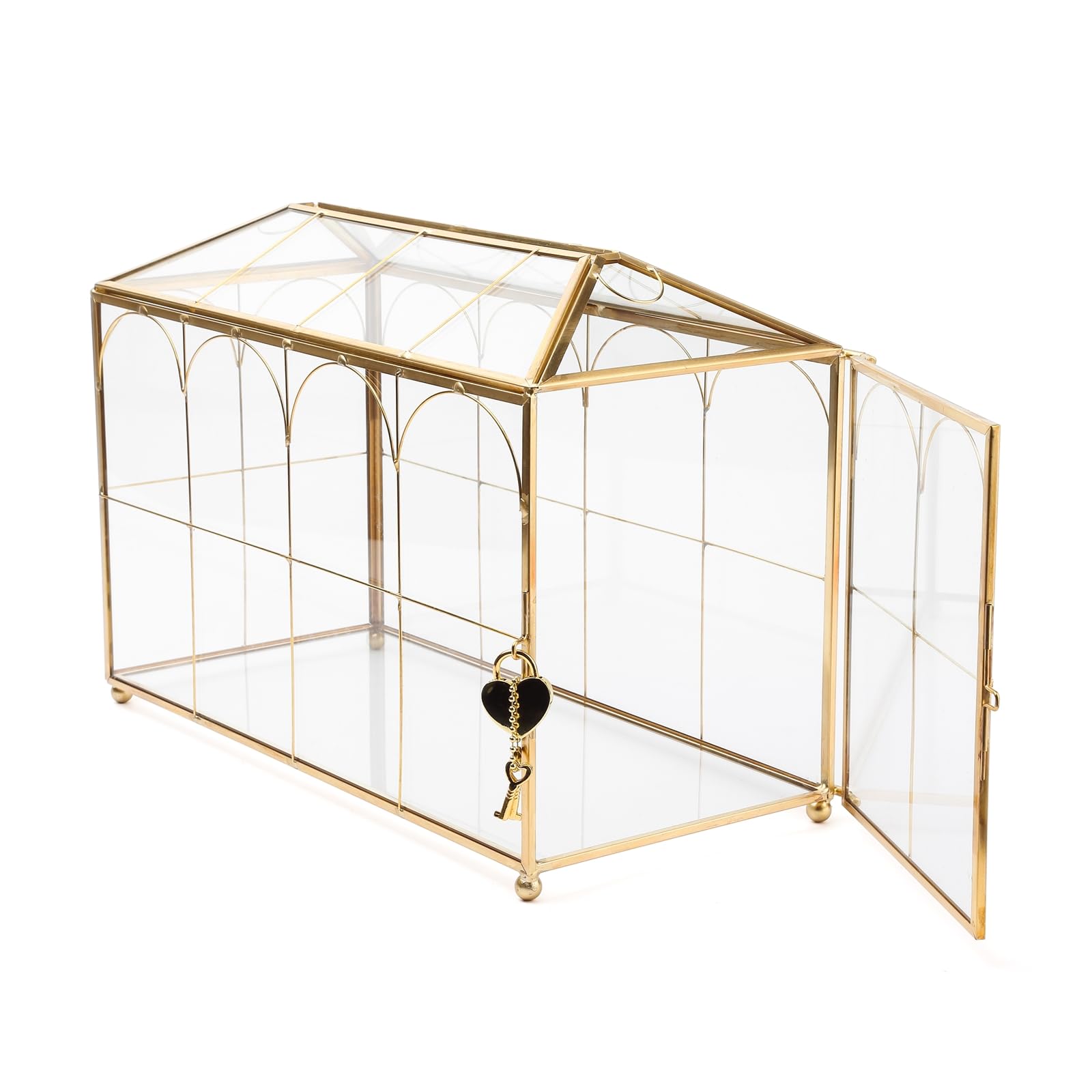 32 cm Glas-Kartenbox Hochzeitskartenbox mit Schloss für Hochzeitsempfang Kosmetik Wohnkultur, handgefertigtes großes geometrisches Terrarium mit Scharnierdeckel, Messingrahmen – (Golden/Haus)