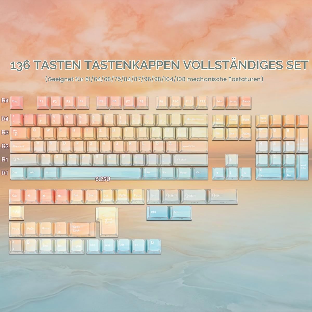PBT Shine Through German Keycaps, 136 Keys Double Shot Side Printed Light Shadow Ocean Sunset Keycaps Dye-Sub Cherry Profile Keycap for Cherry MX Switch ISO QWERTZ Layout Mechanical Keyboards