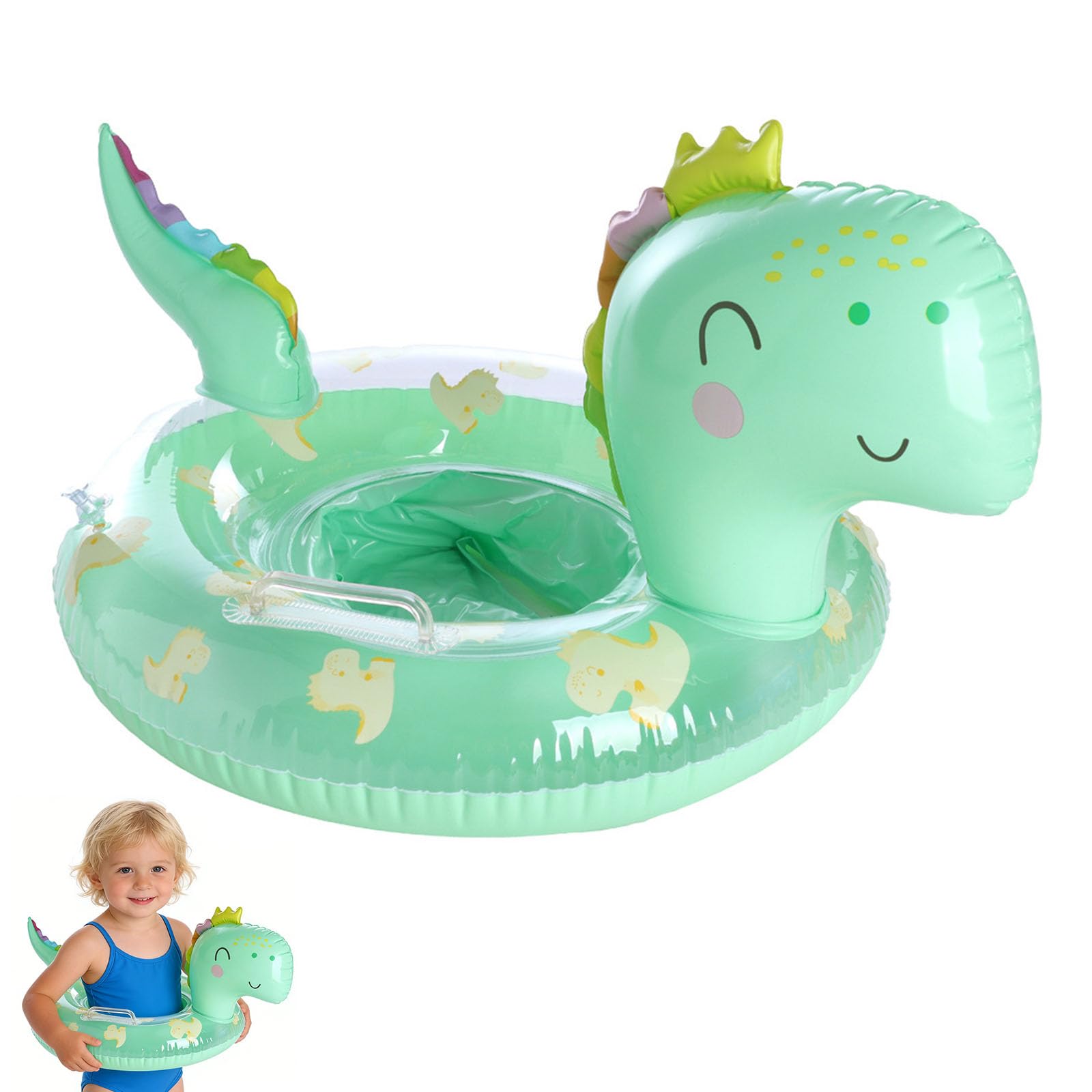 Falafoty Baby Swimming Float with Safety Seat and Handle,Dinosaur Inflatable Swim Ring Pool Float for Kids Inflatable Float Raft Bathing Toy Pool Accessories Summer Beach Water Sport Toy (Green)