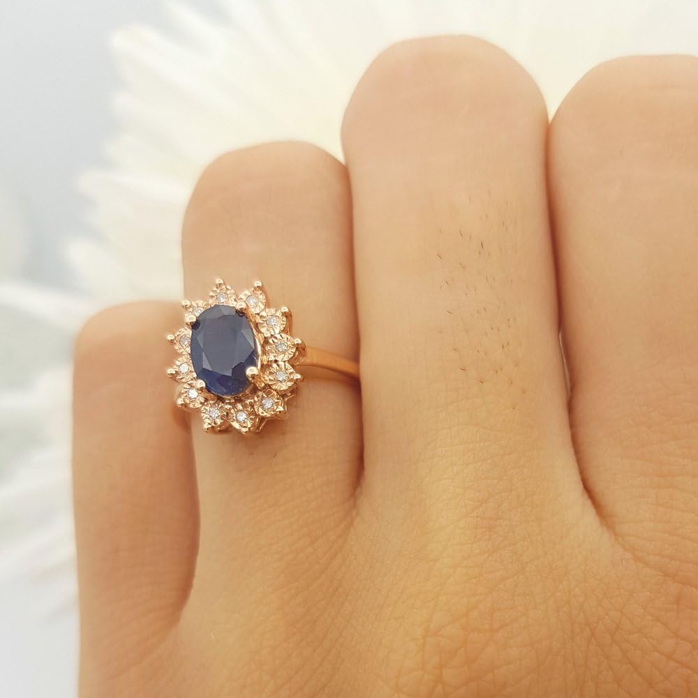 Dazzlingrock Collection 7x5mm Oval Blue Sapphire & Round White Natural Diamond Halo Style Engagement Ring For Women in 18K Real Solid Gold