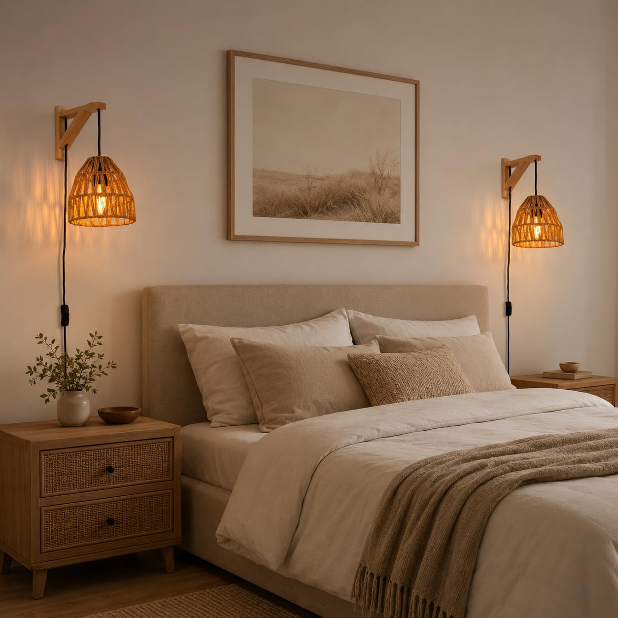 Alpinaluz Applique Murale E27 avec Prise et Interrupteur sur Câble, Base en Bois Naturel et Abat- Jour en Corde Tressée Ø17 cm, Style Naturel et Rustique, Chambre, Salon, Salle à Manger