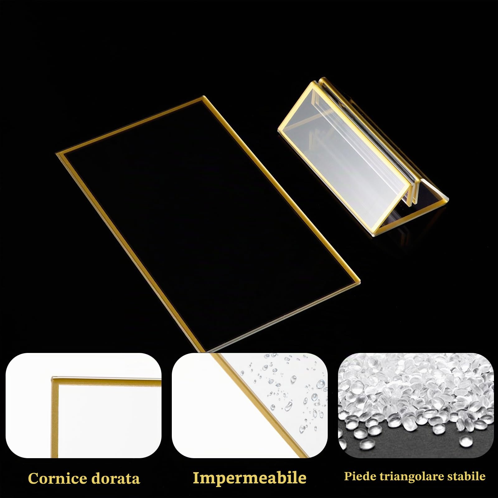 10 pezzi Espositori da tavolo A6, cornice dorata in acrilico, supporto a T, supporto promozionale, segnaposto in oro, per numeri da tavolo, menù per matrimonio, menù