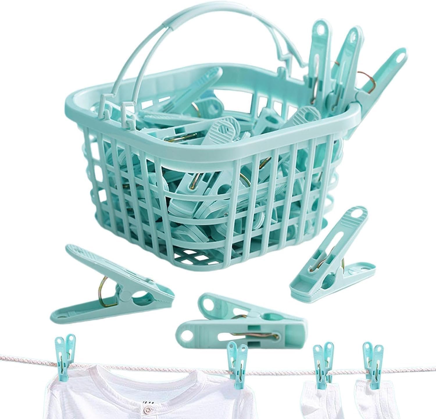 DHRUTI ENTERPRISE Clip Storage Basket | Cloth Drying 30 Clips Set with Convenient Hanging Storage Basket | Laundry Organizer with Handle | for Home/Kitchen/Wardrobe/Bathroom (Multicolor)-image-11